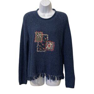 Koret City Blues Womens Embroidered  Patches Floral Sweater Size M Blue Knit
